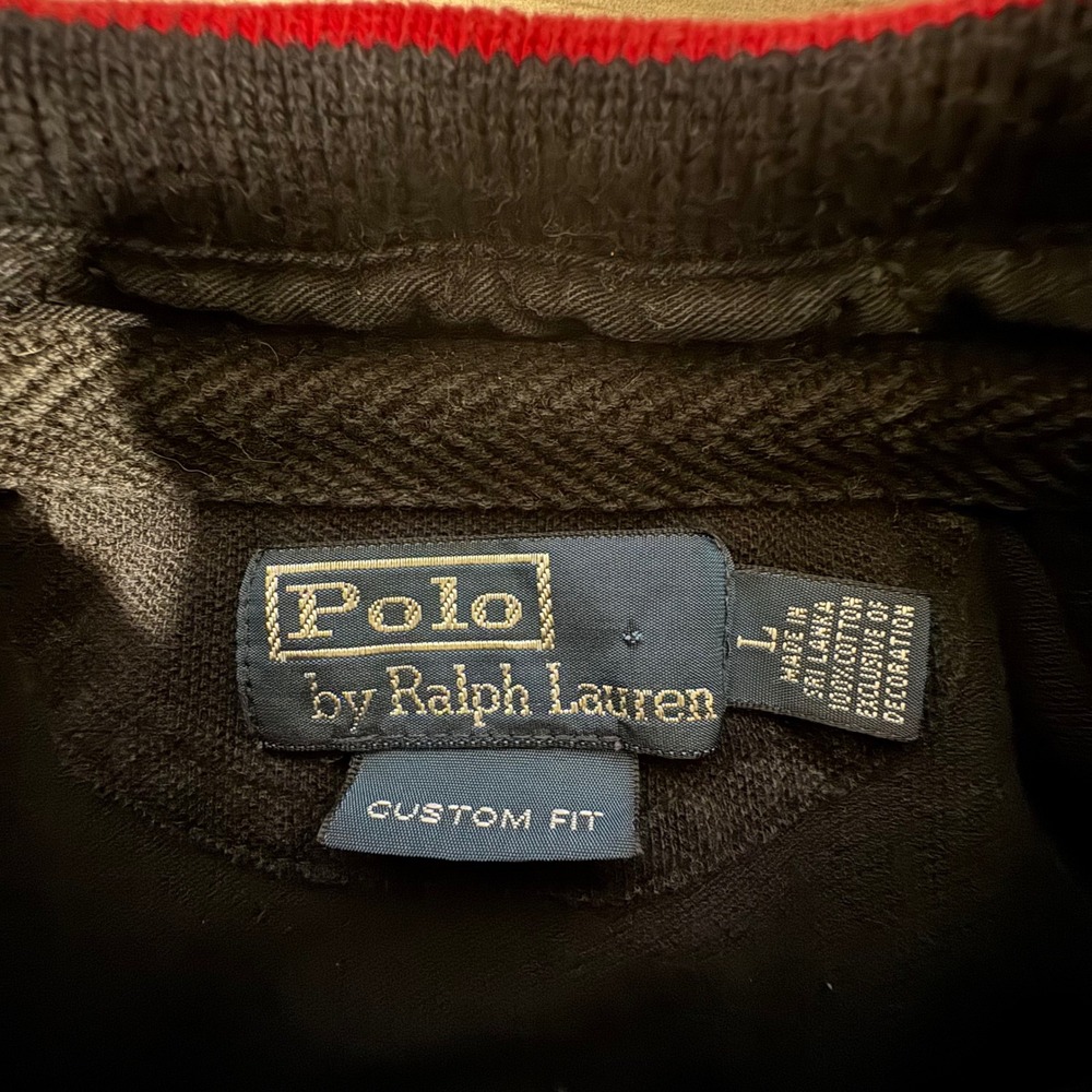 Polo Ralph Lauren Mens Black Custom Fit Big Pony Polo Shirt Red Striped Collar L - Picture 2 of 6